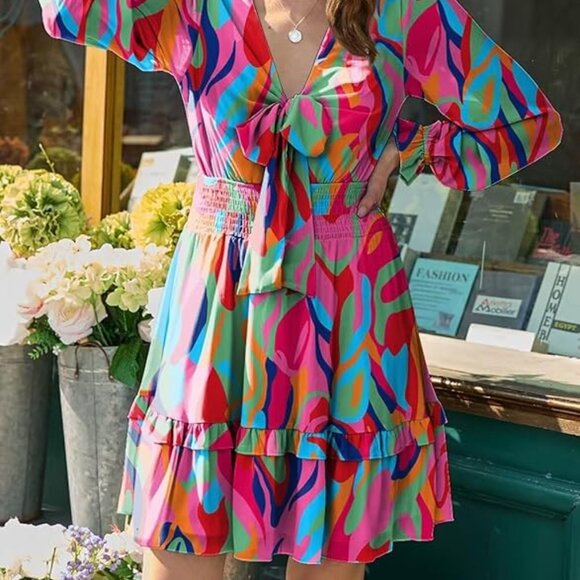 Vibrant Casual Swing Skater Mini Tiered Dress Disco/Retro Tie Dye Pattern - Picture 4 of 4